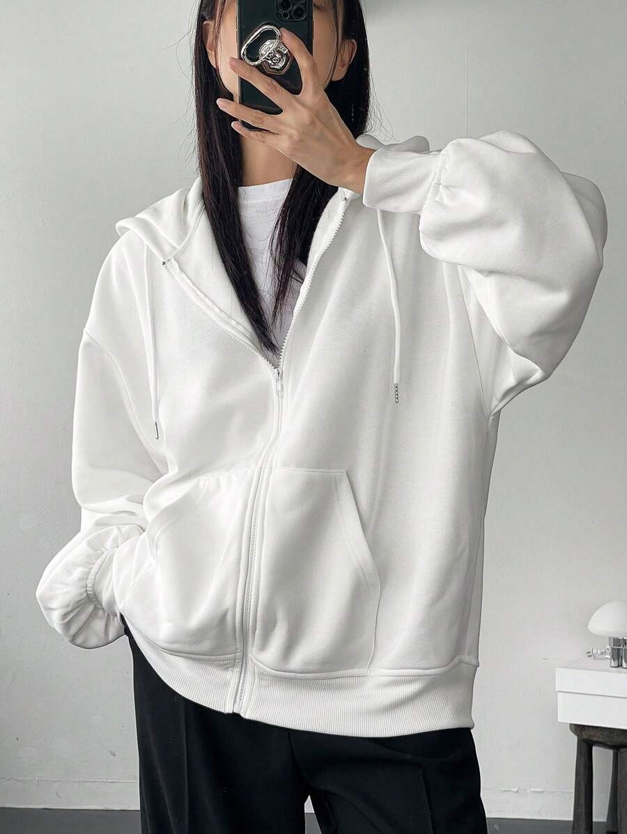 DAZY 女士纯色抓绒连帽衫,秋季女装卫衣外套拉链款,冬季 - 白色 - 查看 1