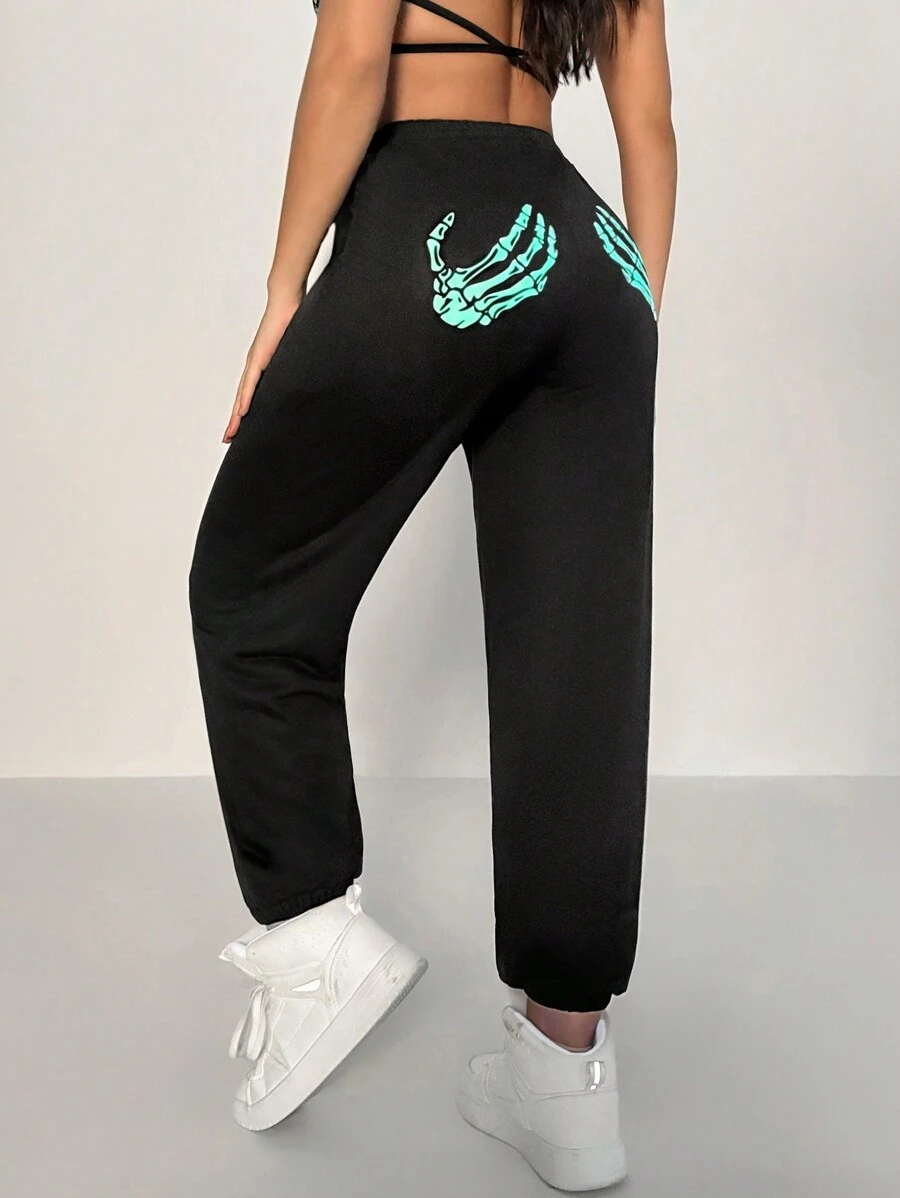 SHEIN Women's Casual Sports Pants With Pockets & Skeleton Print For Exercise, Running, And Dancing - Black - View 1