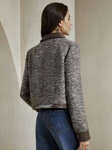 Anewsta Urban Style PU Patchwork Women's Plaid Long Sleeve Jacket - Brown - View 2