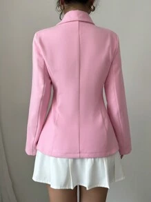 Elenzga Áo khoác nữ cổ đứng màu trơn thanh lịch hai hàng khuy, mùa thu đông - Hồng - Xem 2