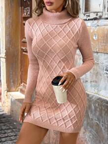 SHEIN Clasi Vestido de suéter de punto corto color caqui de manga larga con cuello alto elegante para mujeres