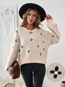 Chiquease 女式花卉图案宽松圆领蝙蝠袖长袖休闲针织毛衣，秋冬