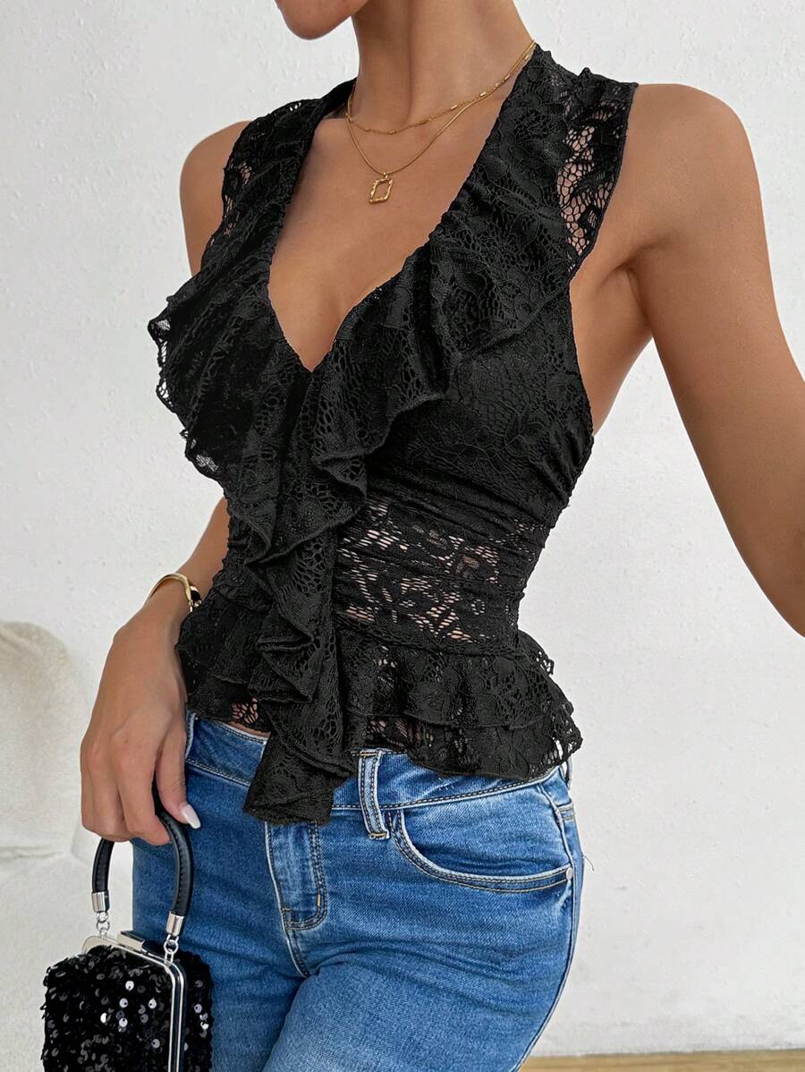 Chiquease Women's Black V-Neck Ruffle Lace Halter Top - Black - View 1