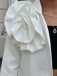 SHEIN Tween Girl 休闲纯色面料花卉贴花长袖开衫，秋冬款 - 白色 - 查看 7