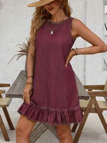 SHEIN LUNE Sleeveless Round Neck Frilled Hem Button Back Denim Dress - Burgundy - View 4