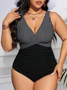Shapewave Plus Size Women's Striped Criss-Cross Front One-Piece Swimsuit, Tummy Control Beach Outfit Bathing Suit Summer,Summer Beach