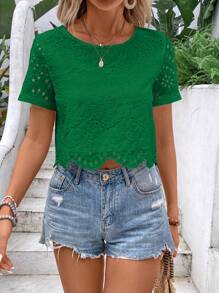 Chiquease 休闲镂空刺绣纯色衬衫 - 綠色 - 查看 3