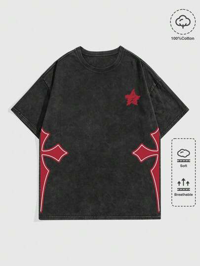 Goth Men Cross & Starry Print Short Sleeve T-Shirt For Halloween, School