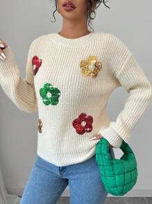 Chiquease Jersey de cuello redondo con patchwork de lentejuelas