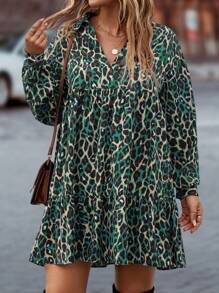 Flirla 大码 V 领长袖印花短款休闲连衣裙 - 綠色 - 查看 1