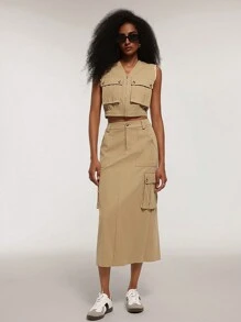 Forever 21 Váy Cargo đơn giản màu trơn thường ngày cho nữ - Màu Khaki - Xem 4