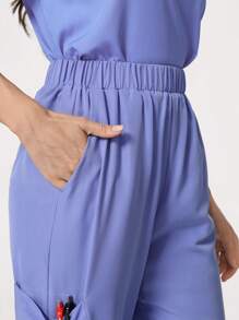 SHEIN TaskFit 女士秋冬时尚休闲纯色弹力腰口袋直筒长裤，女式制服磨砂裤透气抗起球防静电，美容院，宠物医院，游乐场工作裤