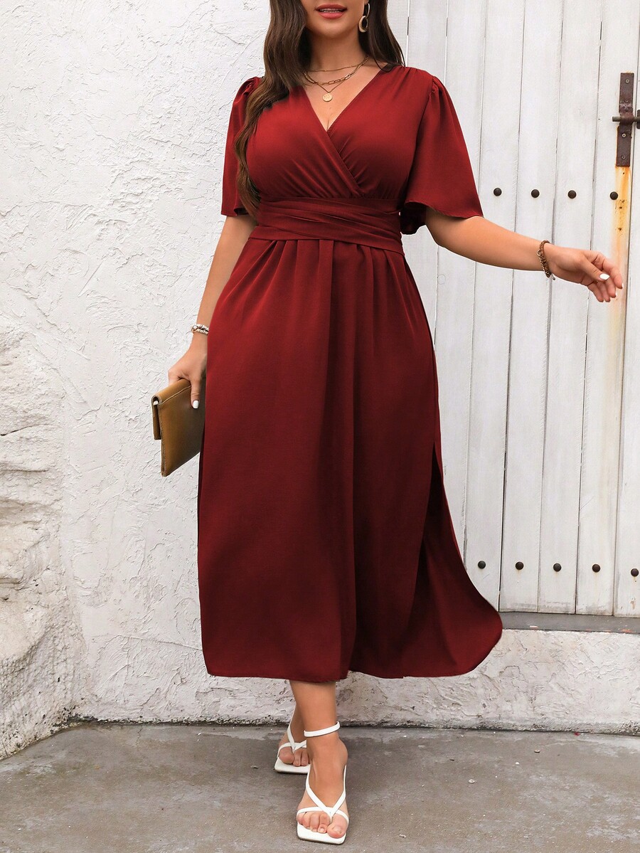 SHEIN Privé Plus Size VNeck Cross Wrap High Slit Short Sleeve Dress