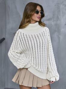Suéter holgado informal de manga raglan con cuello de tortuga y abertura