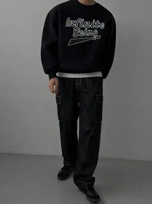 DAZY Men's Autumn Letter Embroidered Pullover Sweatshirts - Black - View 5