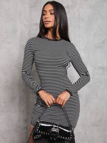 SHEIN PETITE Black And White Striped Knitted High Stretch Tight Women's Long Sleeve Mini Dress - Black and White - View 5