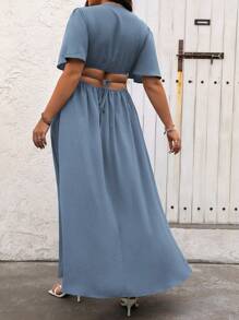 Breezaya Đầm Maxi Thanh Lịch Cổ Chữ V Sâu Tay Ngắn Xếp Ly Cho Kỳ Nghỉ Nữ Size Lớn - Màu xanh bụi bặm - Xem 2