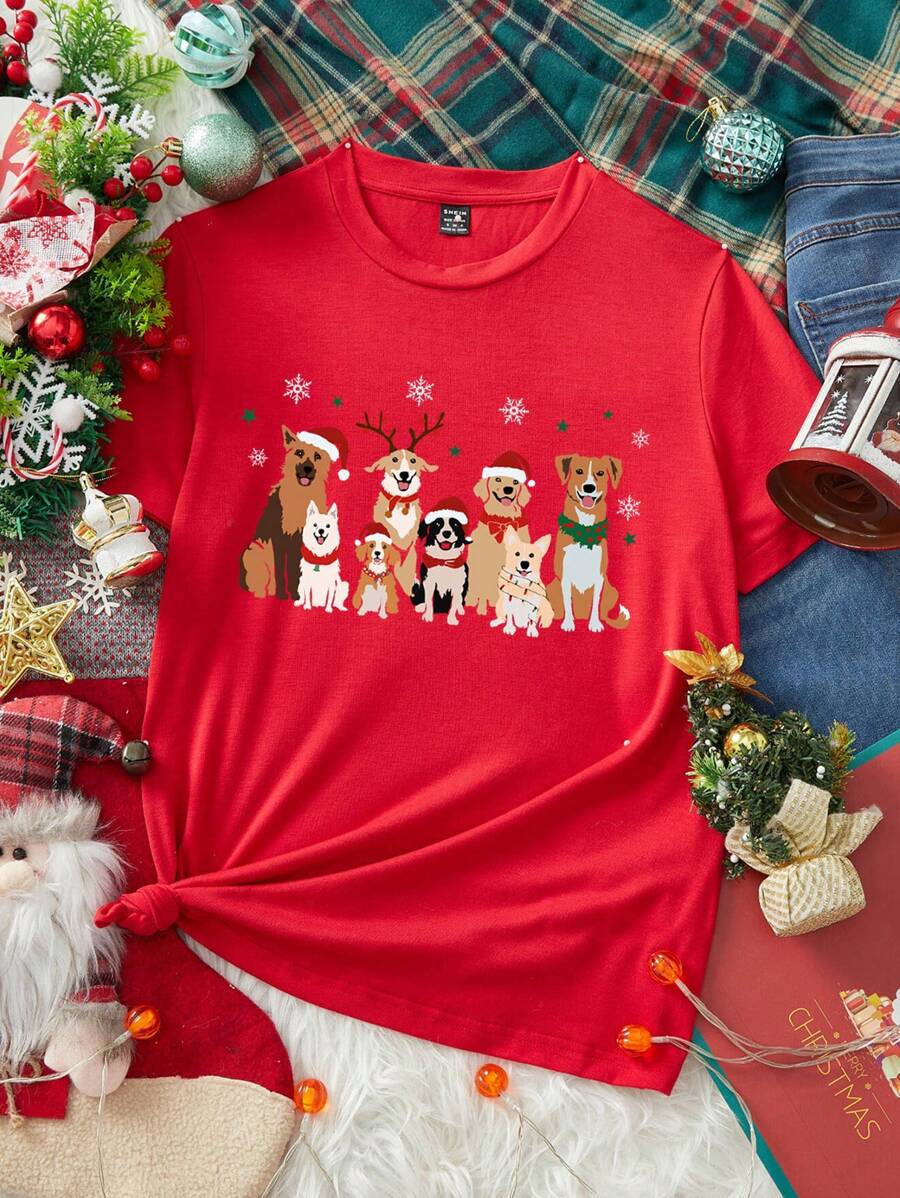 SHEIN EZwear 休闲动物印花图案红色宽松圆领短袖女式轻便 T 恤适合夏季和圣诞节 - 紅色 - 查看 1