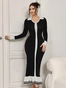 Modelyn Women Elegant Contrast Trim Long Sleeve Sweater Dress