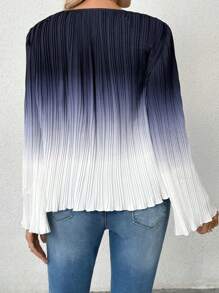 Allurite Women's Elegant Ombre Pleated Flare Sleeve Blouse, Spring Autumn