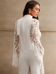 Anewsta Elegant Lace Patchwork Bell Sleeve Blouse, Spring & Autumn - White - View 2