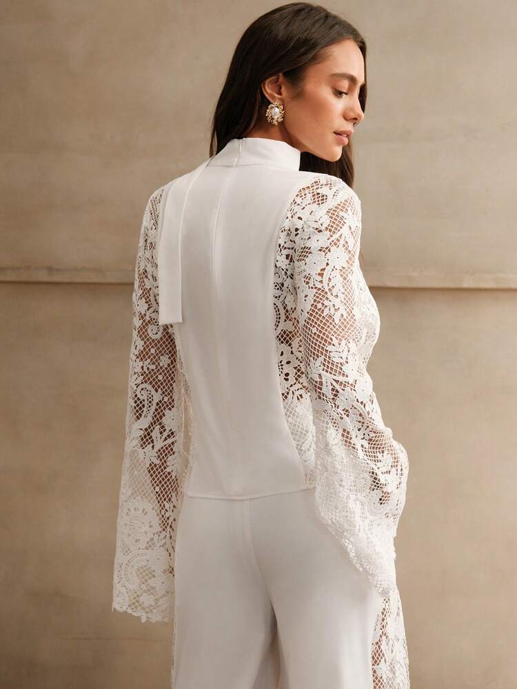 Blusa elegante con mangas de campana, parche de encaje, para primavera y otoño