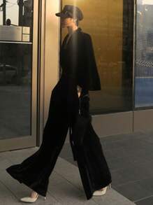 DAZY Women's Solid Color Lapel Collar Long Sleeve Elegant Velvet Wide Leg Jumpsuit,Back To School Clothes