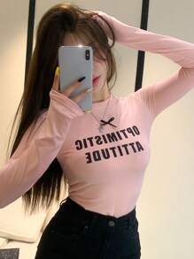 DAZY Damen Langarm T-Shirt mit Schleifendekor und Buchstabendruck, figurbetont, Pullover im Preppy-Stil mit Grafik-Motiv für den Herbst