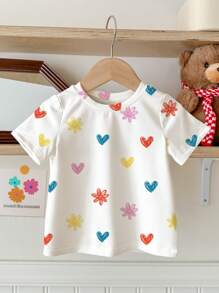 SHEIN Top à col ras-du-cou manches courtes d'été pour bébé fille, imprimé fleur et cœur peint à la main, décontracté