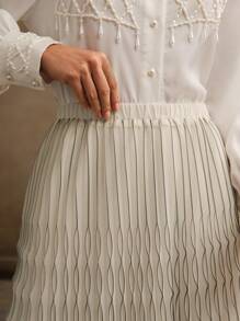 Anewsta Jupe mi-longue plissée à motif géométrique urbaine pour femme - Beige - Voir 2