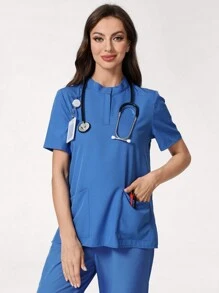 TaskEZ 女士时尚休闲撞色短袖高领拉链护士手术服 T 恤手术上衣，带 2 个口袋，透气抗起球和抗静电，美容院、宠物医院、游乐场工作服 - 藍色 - 查看 5