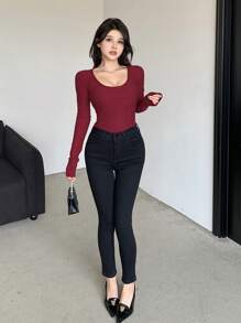 Dazy Star Women's Fitted V-Neck Long Sleeve Fleece T-Shirt,Fall Clothes - Burgundy - View 6