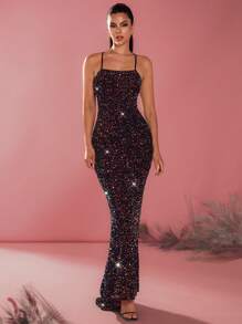 Glamine Women's Black Elegant Formal Summer Sequin Dress,Cami High Waisted Bodycon Long Prom Party Homecoming Dress - Black - View 4