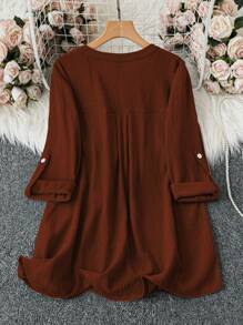SHEIN Clasi Plus Size Spring & Autumn Casual Plain V-Neck Roll-Up Sleeve Shirt Fall Cloth For Women - Burnt Orange - View 2