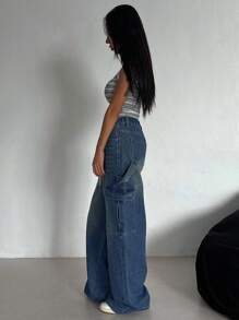 DAZY 女式抽绳口袋工装牛仔裤、宽松牛仔裤 - 中等水洗藍 - 查看 8