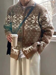 DAZY Men's Geometric Printed Zip-Up Jacquard Knit Cardigan, Autumn Jacket Christmas,New Year - Brown - View 1