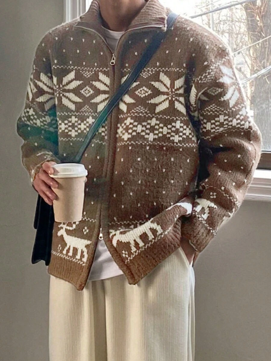 DAZY Men's Geometric Printed Zip-Up Jacquard Knit Cardigan, Autumn Jacket Christmas,New Year - Brown - View 1