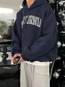 DAZY Áo hoodie dài tay in chữ thả vai thường ngày cho nam, mùa thu - Màu xanh lam - Xem 2