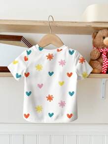 SHEIN Top à col ras-du-cou manches courtes d'été pour bébé fille, imprimé fleur et cœur peint à la main, décontracté