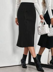 SHEIN LUNE 女士纯色优雅开叉针织半身裙 - 黑色 - 查看 6