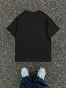 Manfinity EMRG 搞笑幽默猫咪表情包图案黑色圆领短袖 T 恤，男士休闲时尚，搞笑，适合外出 - 黑色 - 查看 4