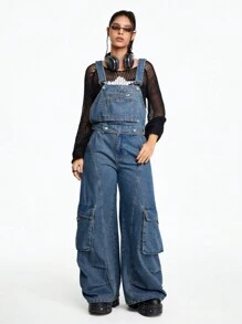 ROMWE Grunge Punk Women's Casual Washed Denim Overalls With 3D Pockets, Detachable 2-Way Wear - Blue - View 2