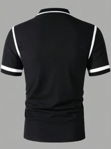 Manfinity Mode 男士撞色领拼色简约休闲短袖度假 Polo 衫，适合丈夫和爸爸 - 黑色 - 查看 2