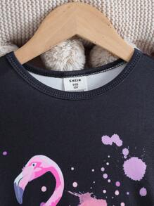 2pcs Tween Girl Flame Flamingo Print Glow In Dark Long Sleeve T-Shirt And Legging Pajama Set - Black - View 8