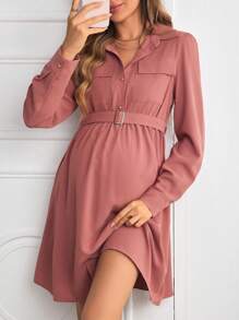 SHEIN Maternity Pink Button Down Dress, Long Sleeve A-Line Tie-Waist Maternity Dress For Autumn - Pink - View 3