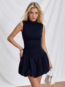 SHEIN Essnce Váy mùa hè đơn sắc cổ đứng cho nữ Váy độc thân Váy Y2k Váy mùa hè cho nữ Váy đèn lồng Váy viền /Váy hoa /Đầm xòe /Trang phục sinh nhật /Bong bóng - Màu xanh hải quân - Xem 3