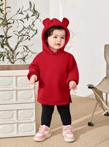 SHEIN Baby Girl Cute Versatile 3D Ear Hooded Fleece Sweatshirt, Autumn Winter - Red - View 8