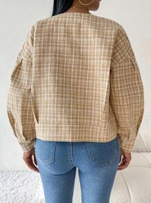 Chiquease Women's Large Metal Pearl Button Casual Plaid Jacket - Khaki - View 2