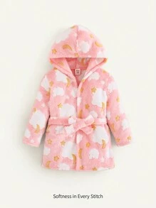 Cozy Pixies Thickened Hooded Pajama Cardigan Robe With Star, Moon & Cloud Pattern For Baby Girl
