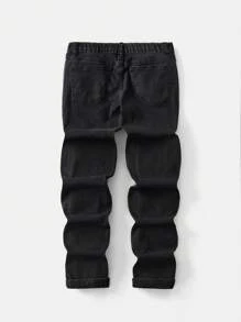 SHEIN Tween Boys' Fashionable Color-Blocked Casual Denim Jeans, Suitable For Daily Wear - Black - View 2